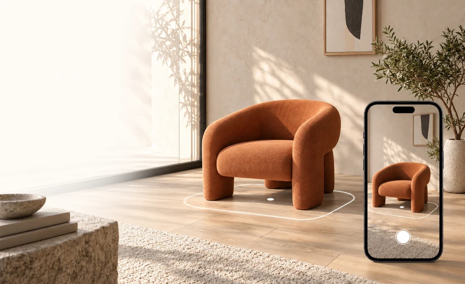 自然光の部屋に置かれたテラコッタの椅子と、スマホでのAR表示イメージ