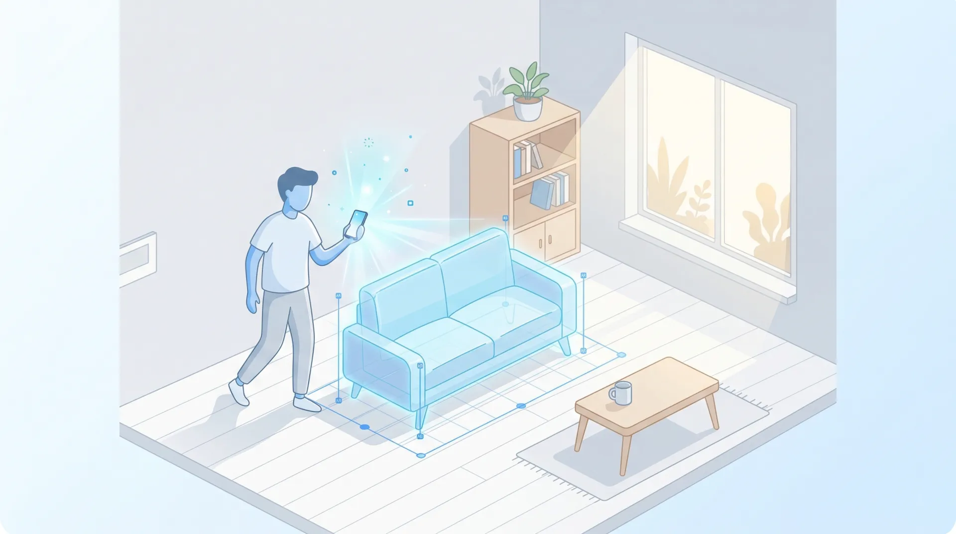 ARで家具をリビングに配置するイメージ — スマホをかざすとソファが半透明のAR表示で部屋に現れる