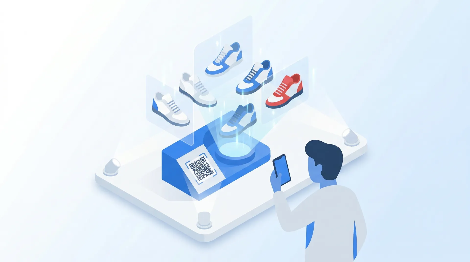 店舗でQRコードからARで複数カラーのスニーカーを表示するイメージ